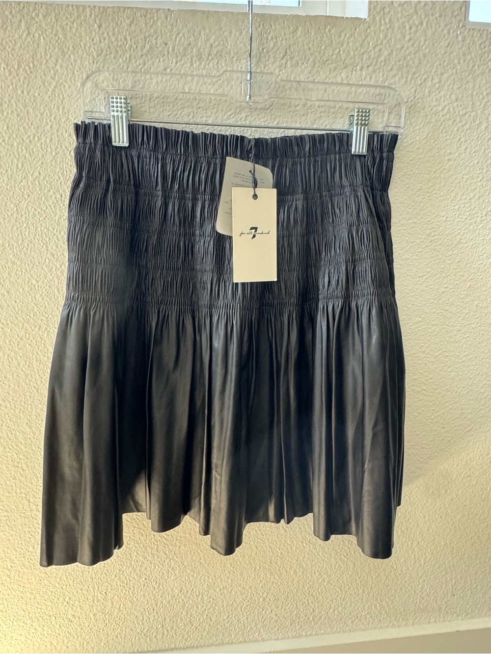 NWT 7 For All Mankind black faux-leather smocked-waist pleated mini skirt